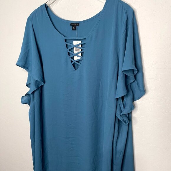Torrid Georgette Lattice V Neck Flutter Sleeve Bluesteel Blouse Top 6 6X 30 - Picture 5 of 6